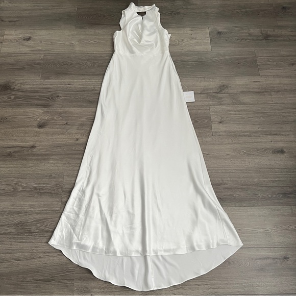 Lulus Gorgeous Vow Satin Mermaid Wedding Dress Medium White Cowl Mock Neck Retro - Picture 4 of 11